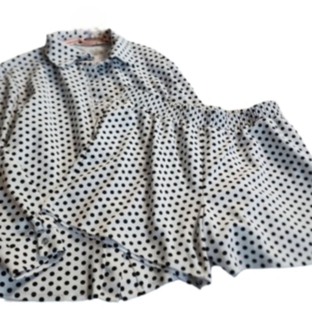Womens 3X USA Soft Girl Black Polka Dot Coquette Long Sleeve Shirt & Shorts Suit